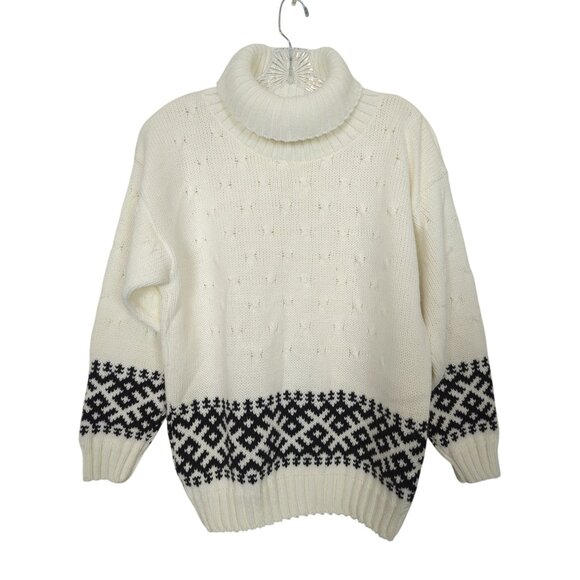 Vintage JOLIE‎ Nordic Sweater With Turtleneck & Black Geometric Pattern sz M / L - Picture 2 of 16